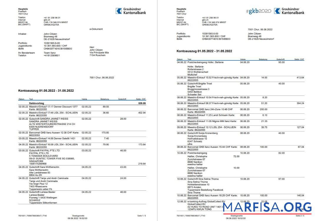 Realistic Germany Graubundner Kantonalbank statement on Deutsch, 4 pages real example